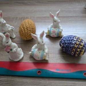 Easter Bundle 2 Crochet Eggs, blue and gold, handcrafted and Bunny Rabbits